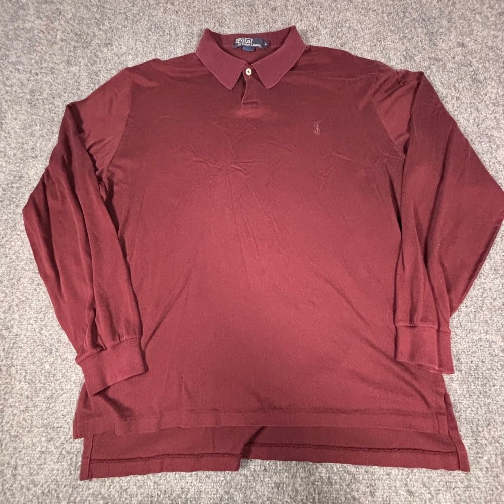 VTG Polo Ralph Lauren Mens Long Sleeve Polo Shirt Burgundy L Cotton Pique *Flaws